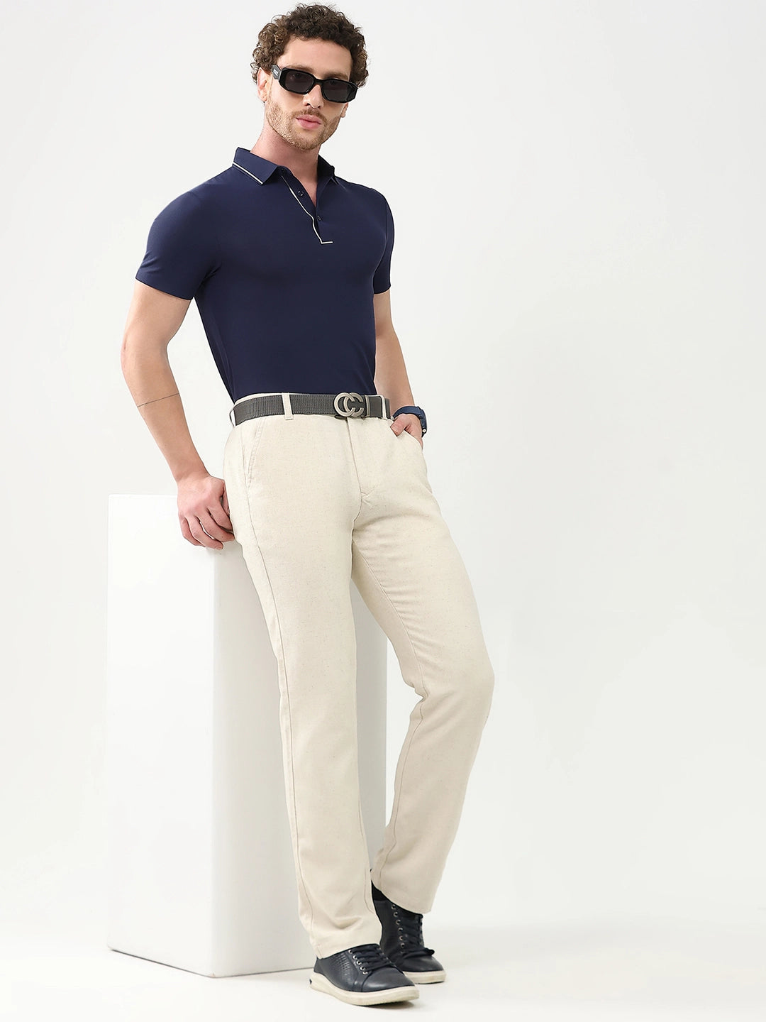 Off-White Solid Linen-Blend Trousers