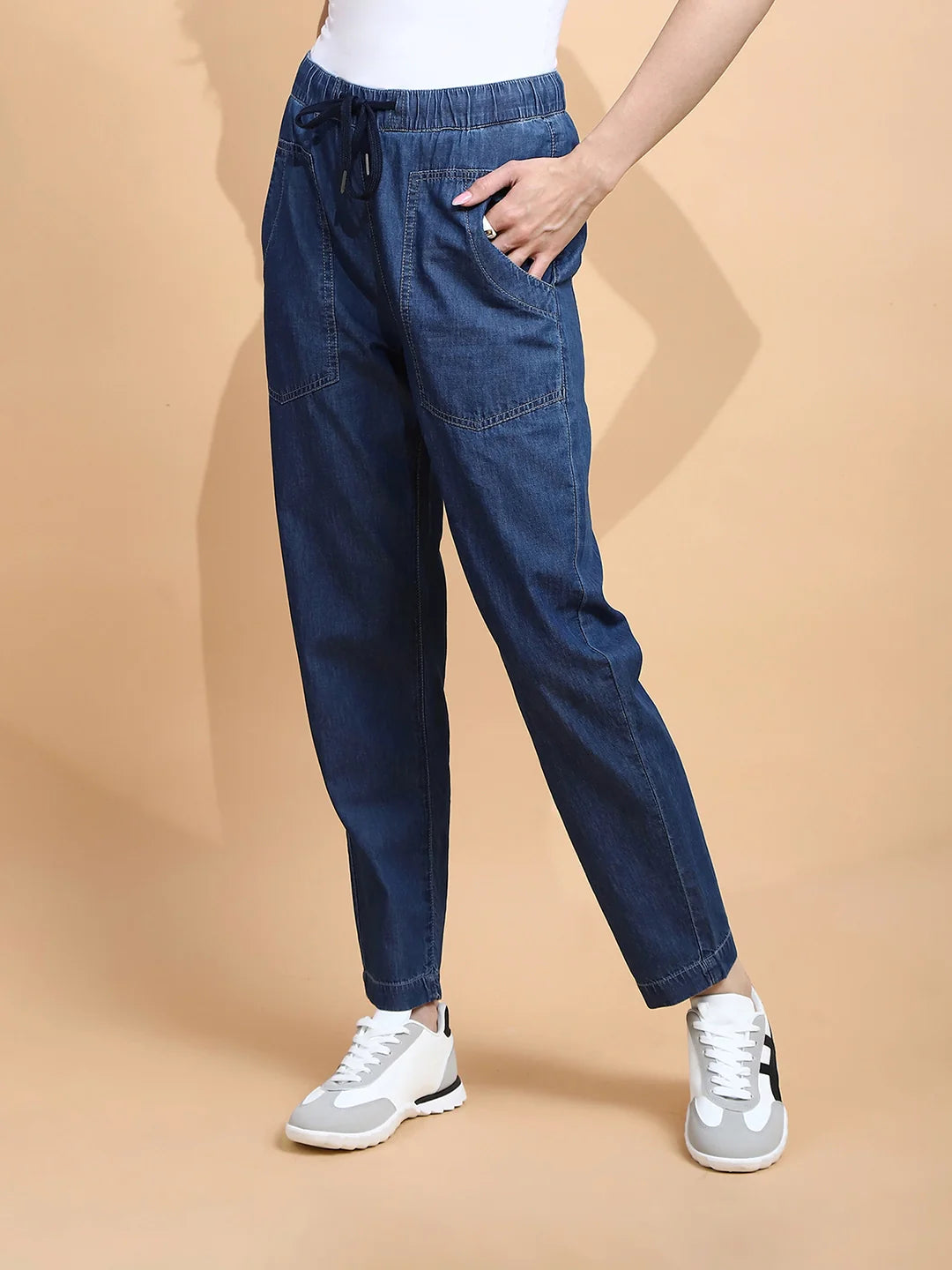 Dark Blue Cotton Blend Loose Fit Lower