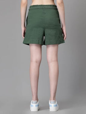 Green Linen Blend Relaxed Fit Shorts For Women
