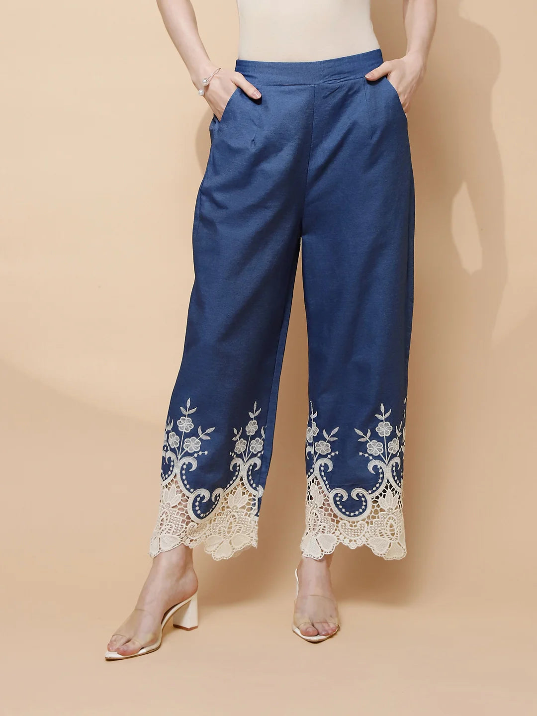 Blue Embroidered Cotton Blend Lower