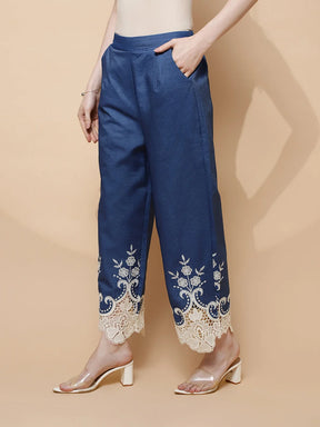 Blue Embroidered Cotton Blend Lower