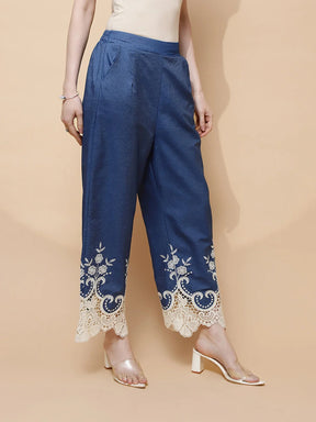 Blue Embroidered Cotton Blend Lower