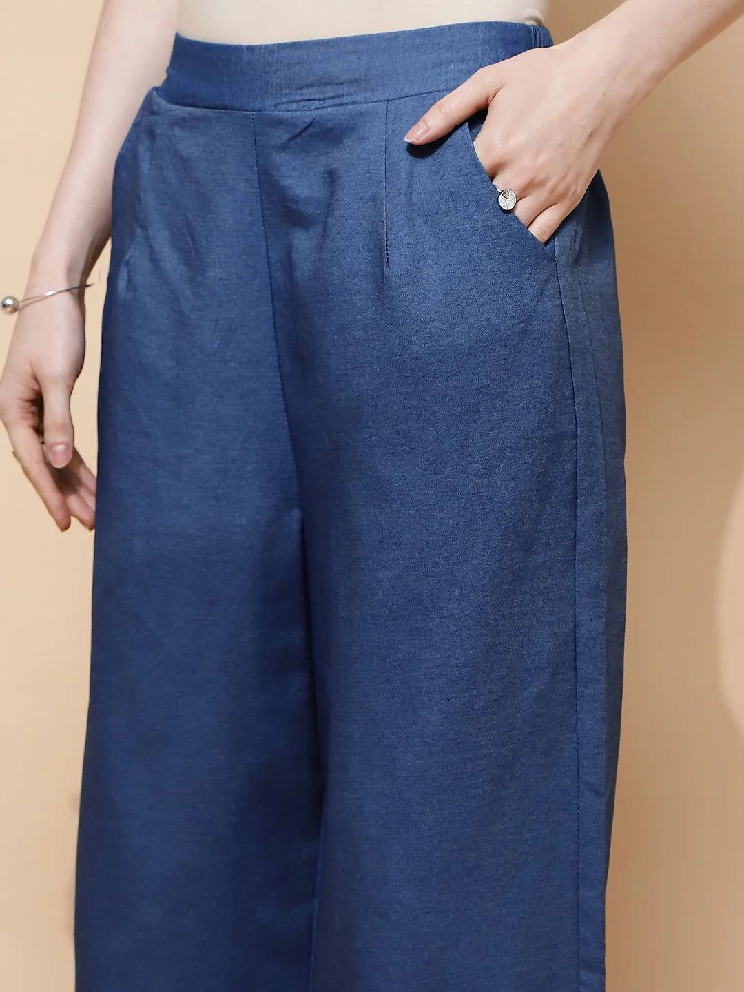 Blue Embroidered Cotton Blend Lower