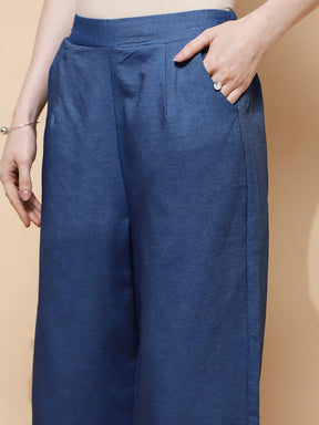 Blue Embroidered Cotton Blend Lower