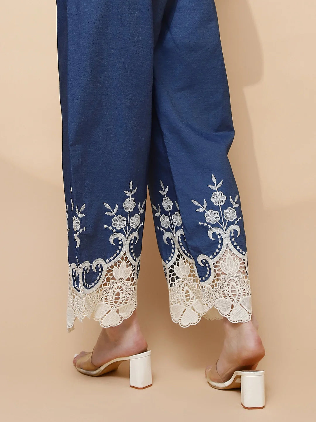 Blue Embroidered Cotton Blend Lower