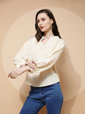 Natural Embroidered Polycotton Top