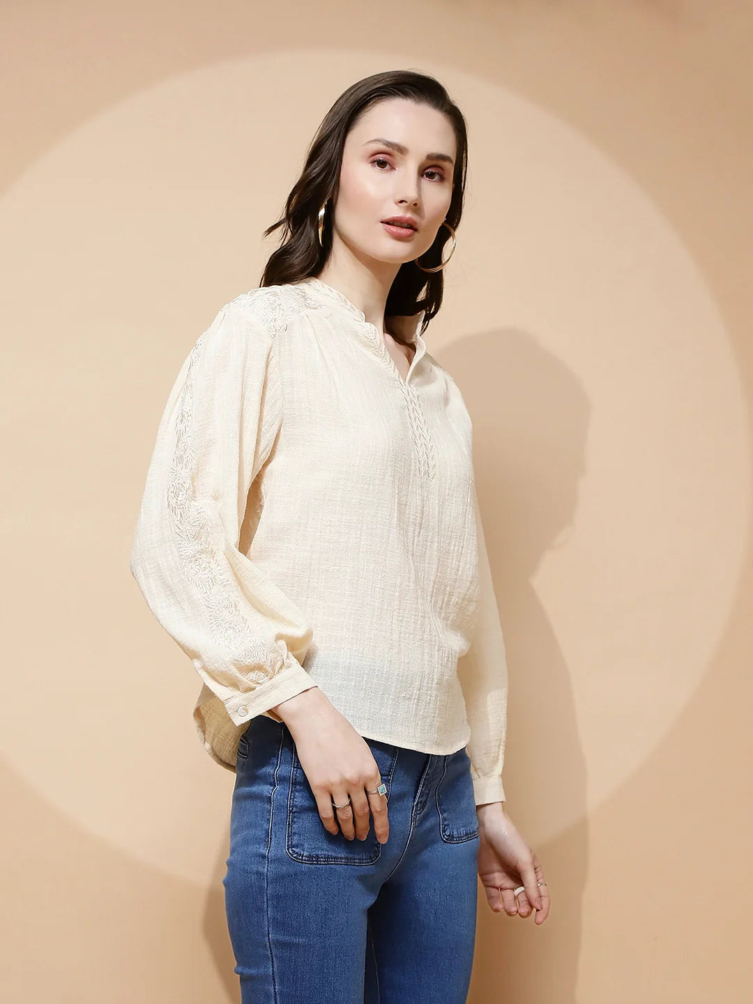 Natural Embroidered Polycotton Top