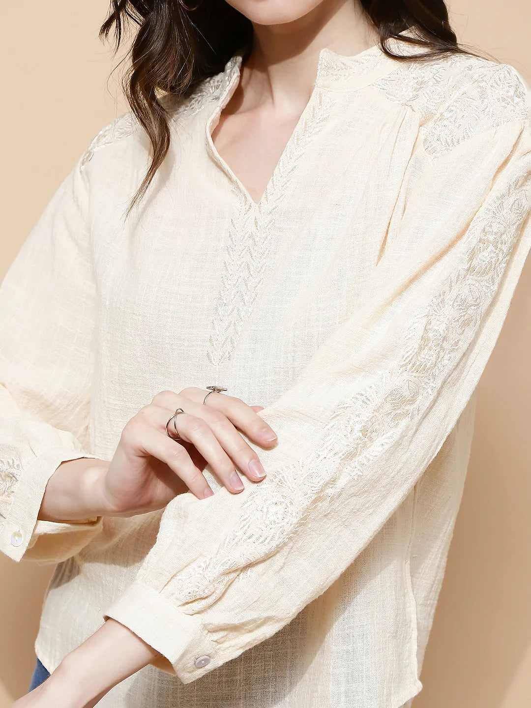Natural Embroidered Polycotton Top