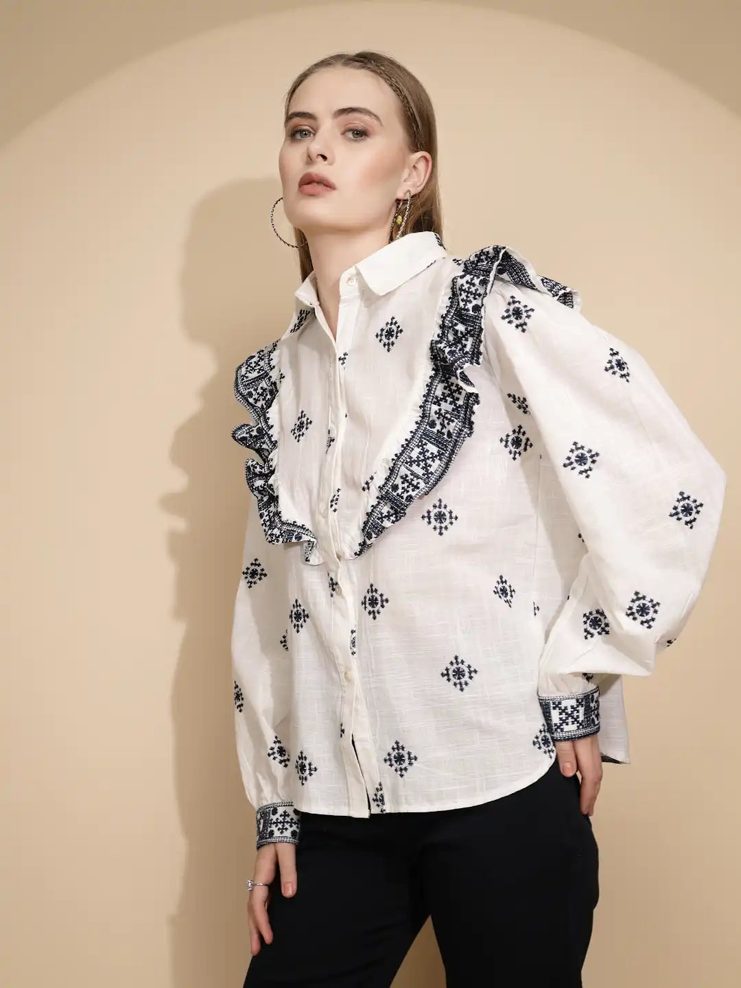 White Polycotton Regular Fit Shirt For Women