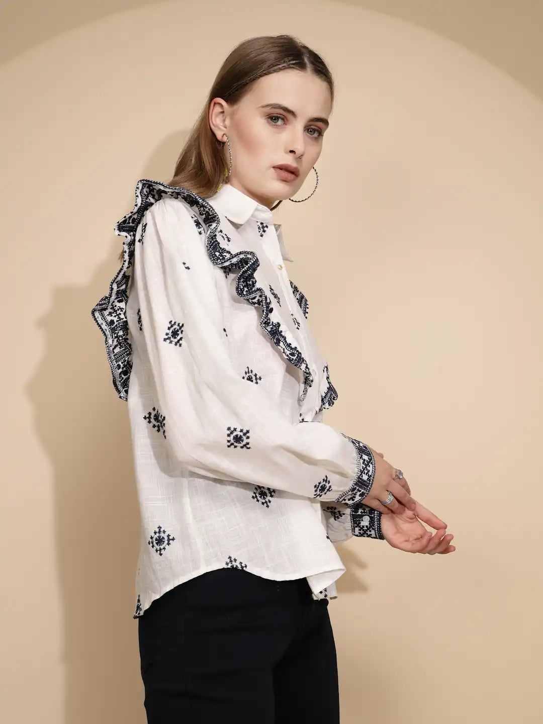 White Polycotton Regular Fit Shirt For Women
