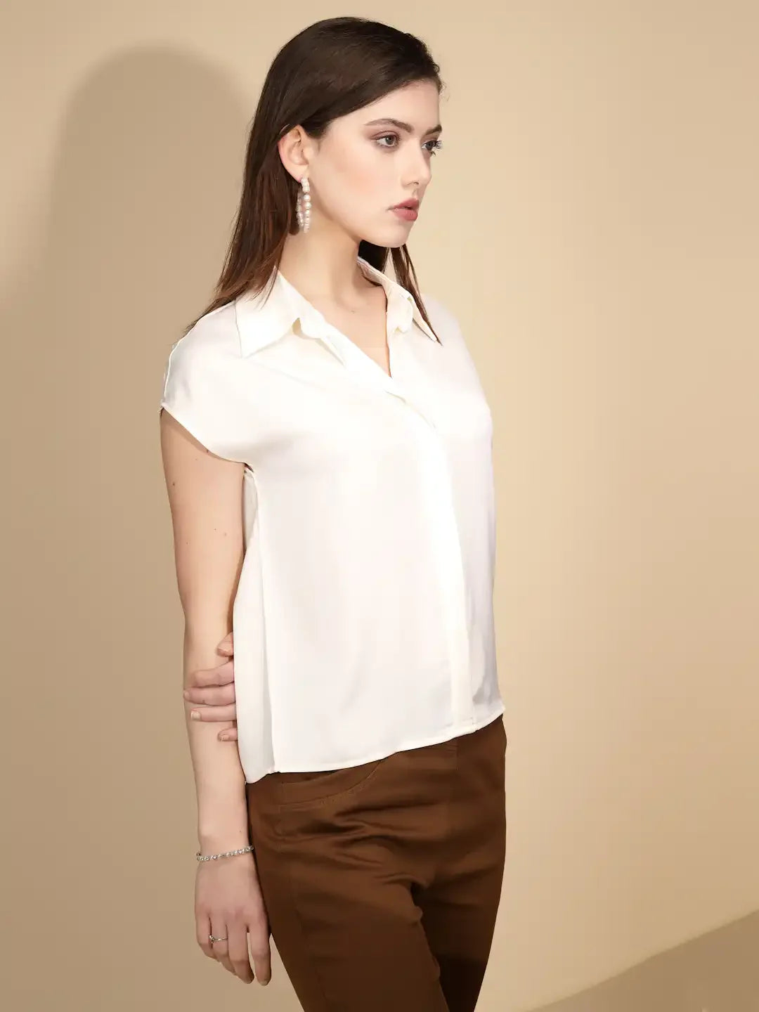 Cream Polyester Blend Regular Fit Blouson Top For Women