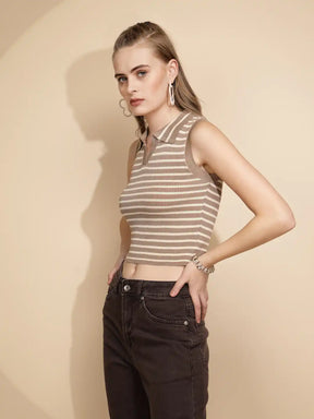 Beige Viscose Striped Slim Crop Top