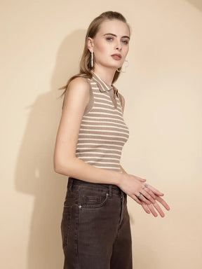 Beige Viscose Striped Slim Crop Top