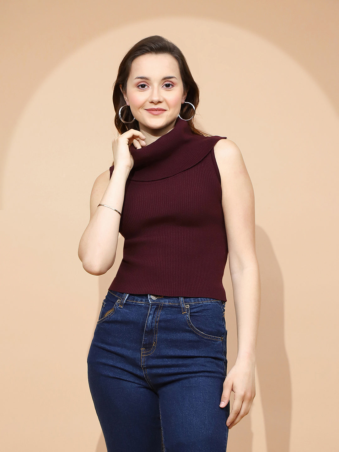 Wine Polyester Blend Skivvy Top