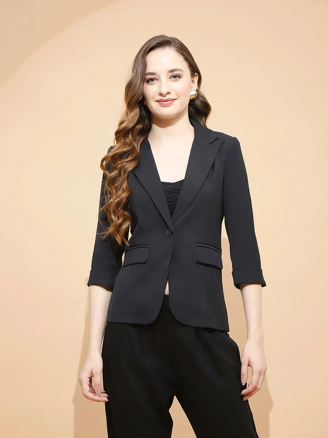 Black Polyester Blend Regular Fit Coat For Women