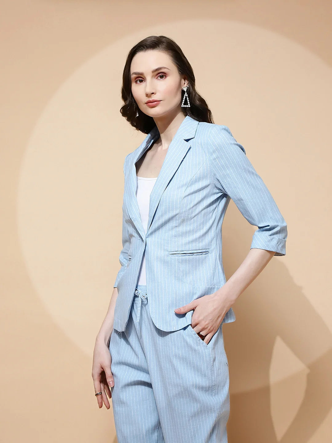 Sky Blue Cotton Blend Tailored Fit Coat For Women