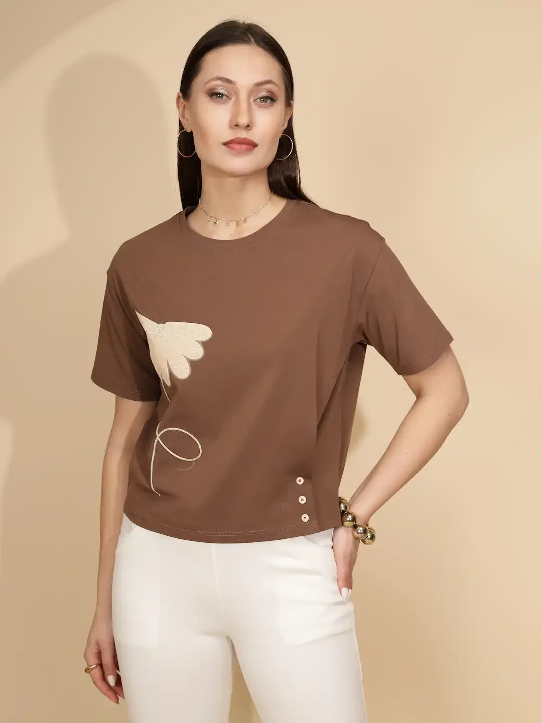Brown Cotton Blend Regular Fit Top For Women