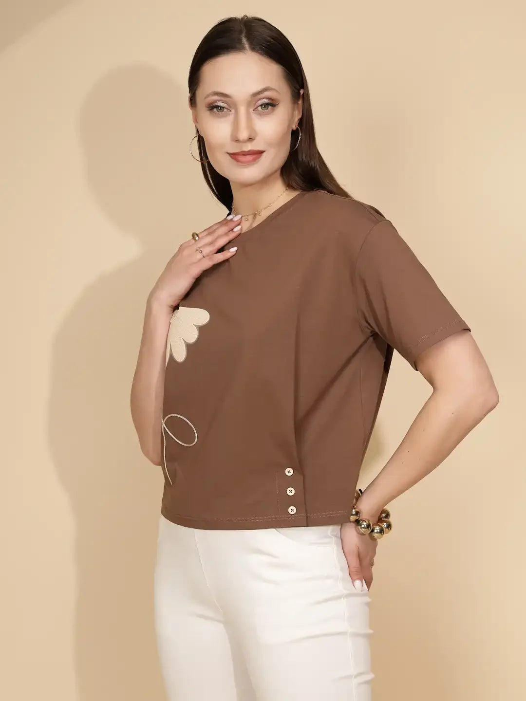 Brown Cotton Blend Regular Fit Top For Women - Global Republic #