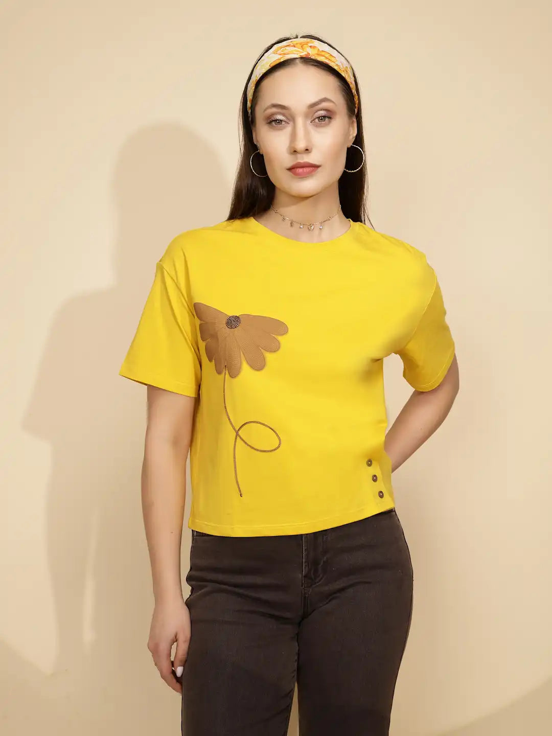 Mustard Cotton Blend Regular Fit Top For Women - Global Republic #