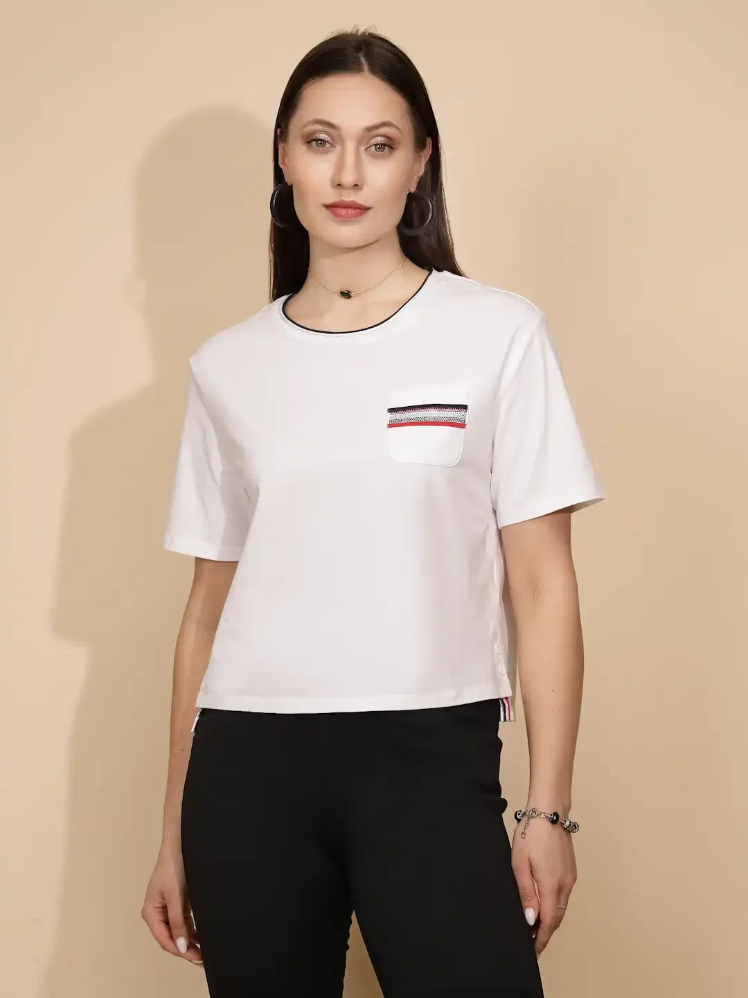 White Cotton Blend Regular Fit Top For Women