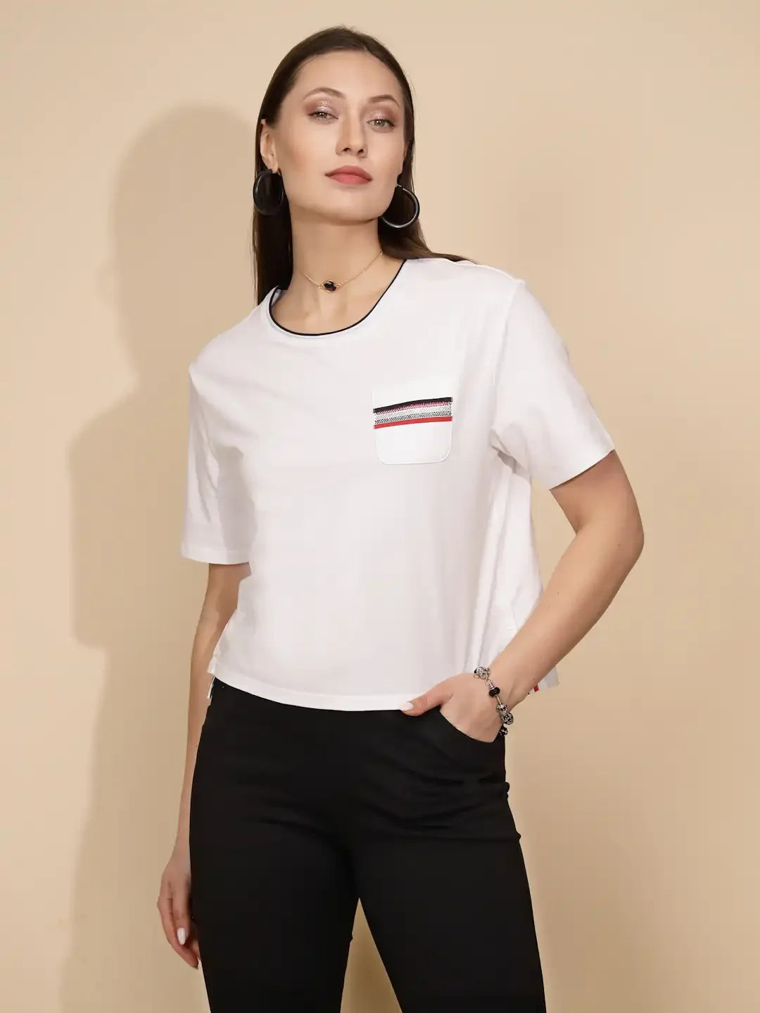 White Cotton Blend Regular Fit Top For Women