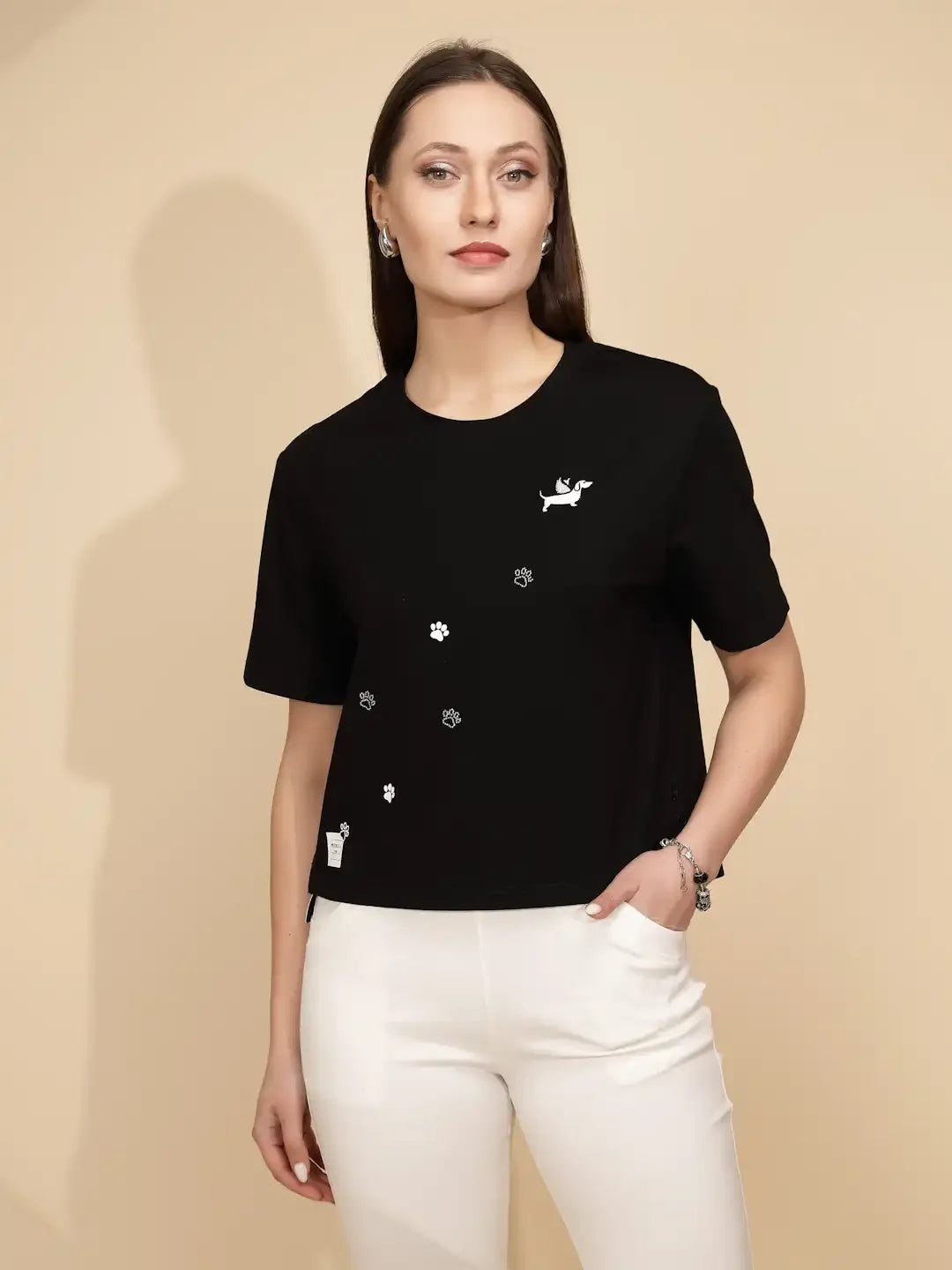 Black Cotton Regular Fit Top For Women - Global Republic #