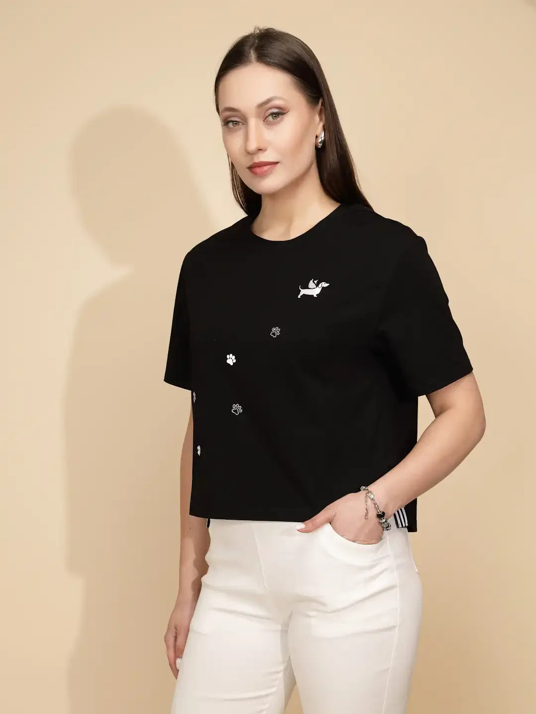 Black Cotton Regular Fit Top For Women