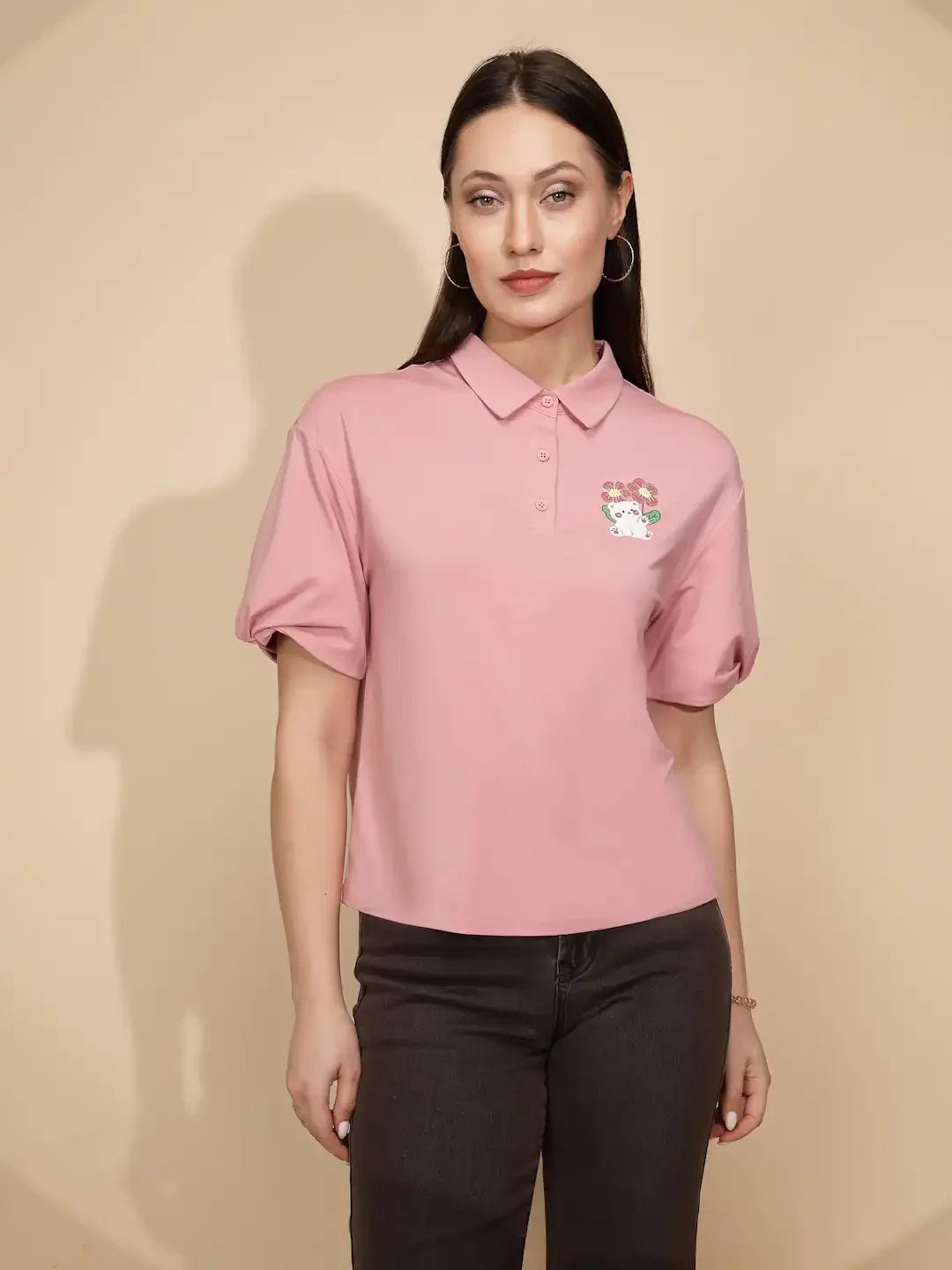 Pink Cotton Blend Regular Fit Top
