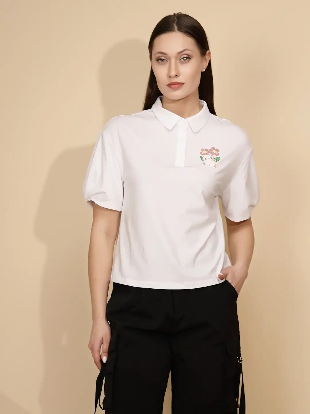 White Cotton Blend Regular Fit Top