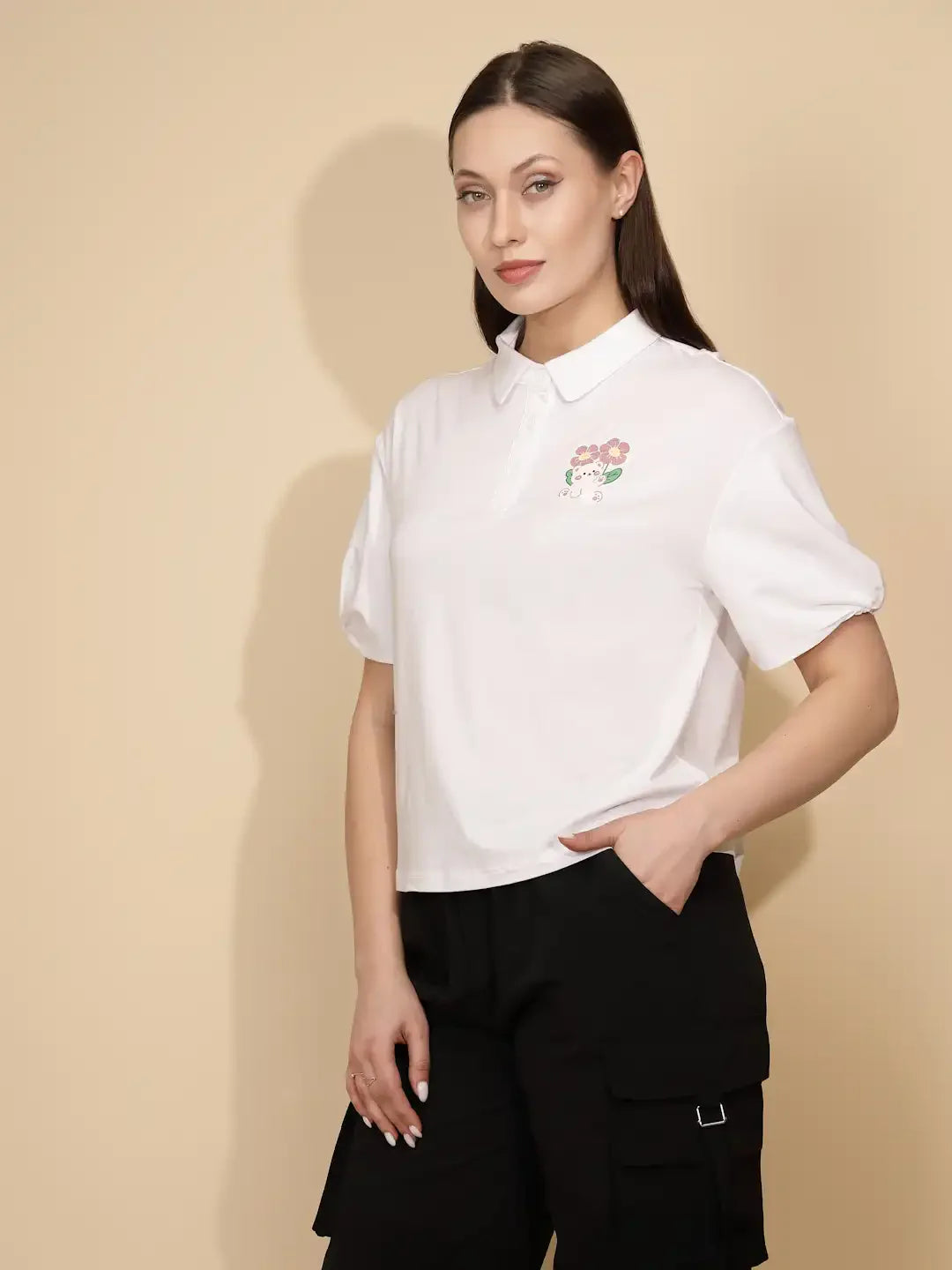 White Cotton Blend Regular Fit Top