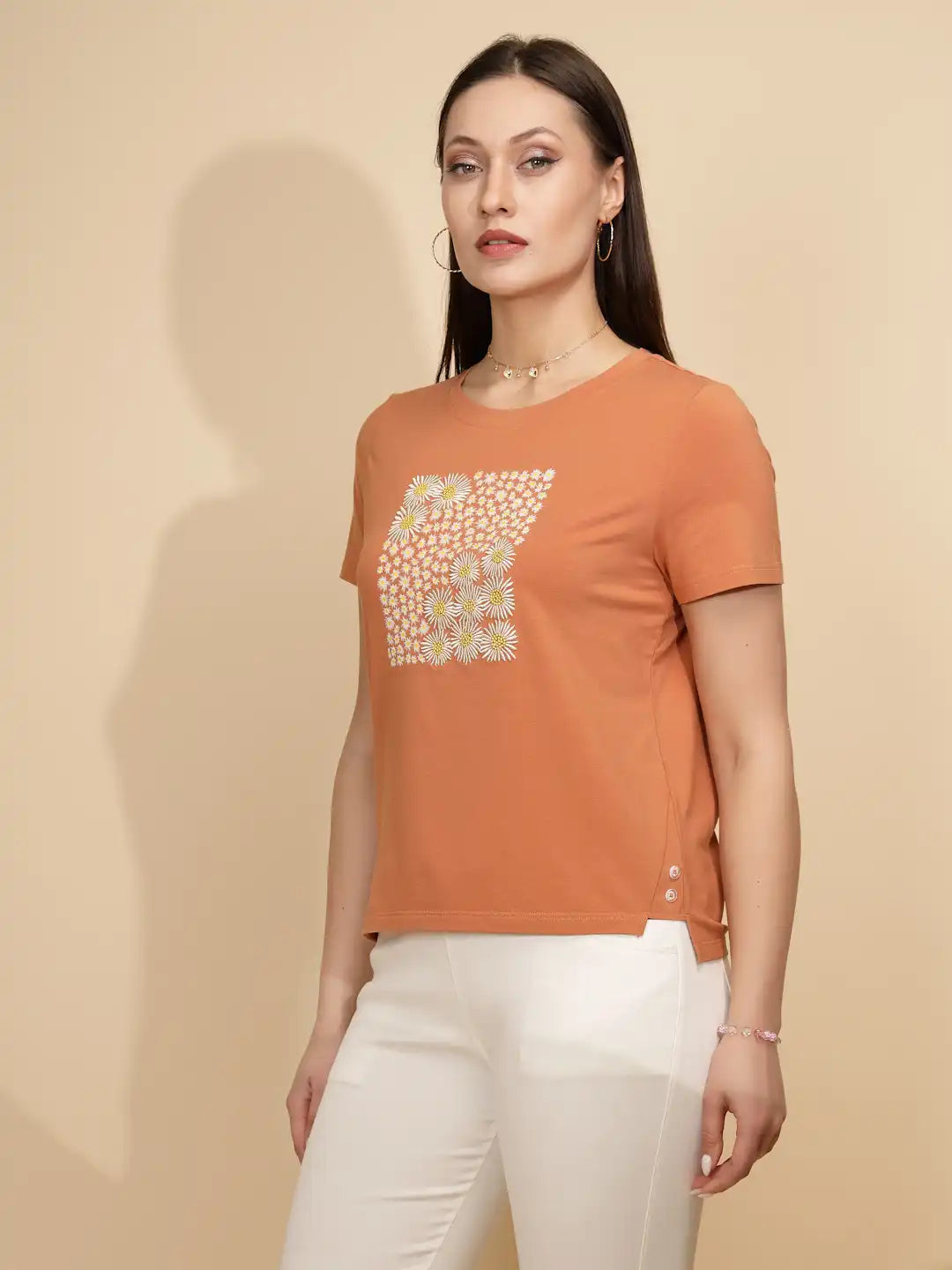 Orange Cotton Regular Fit Top For Women