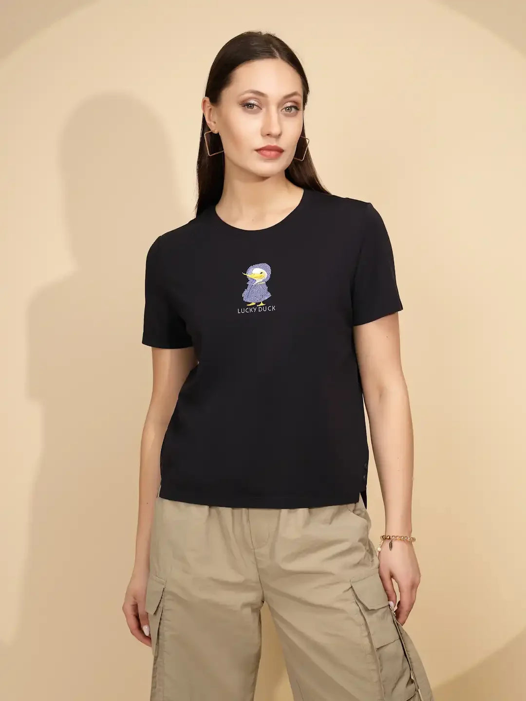 Navy Cotton Blend Regular Fit Top For Women