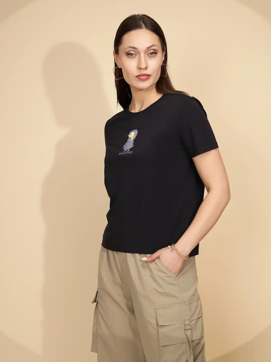 Navy Cotton Blend Regular Fit Top For Women