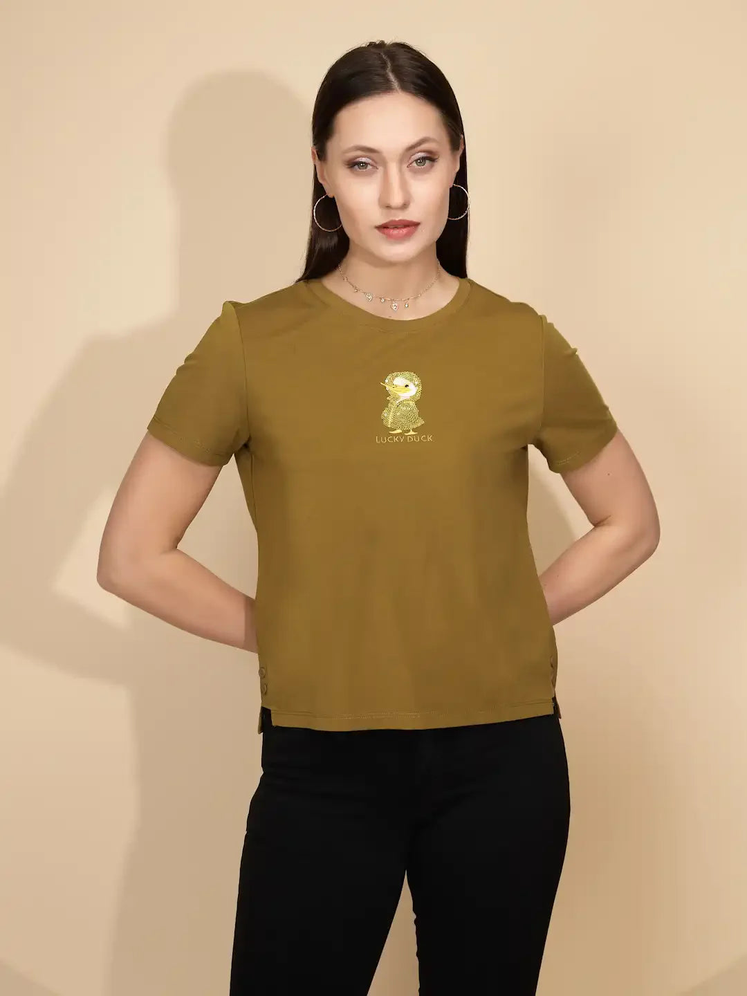 Olive Cotton Blend Regular Fit Top For Women