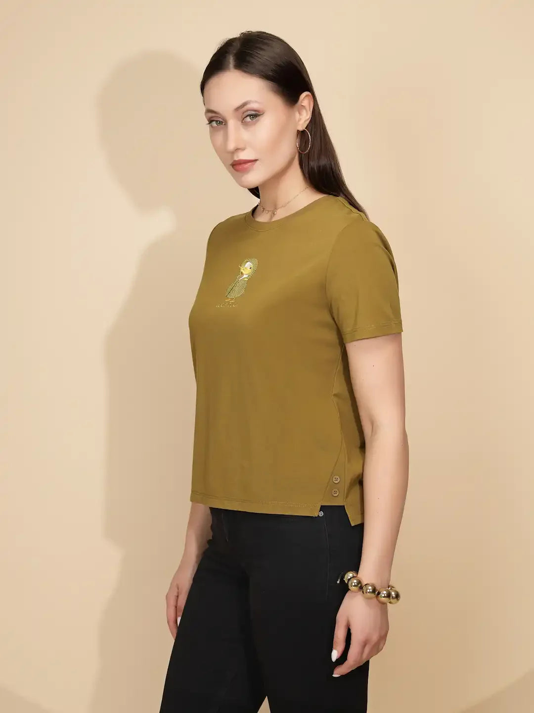 Olive Cotton Blend Regular Fit Top For Women