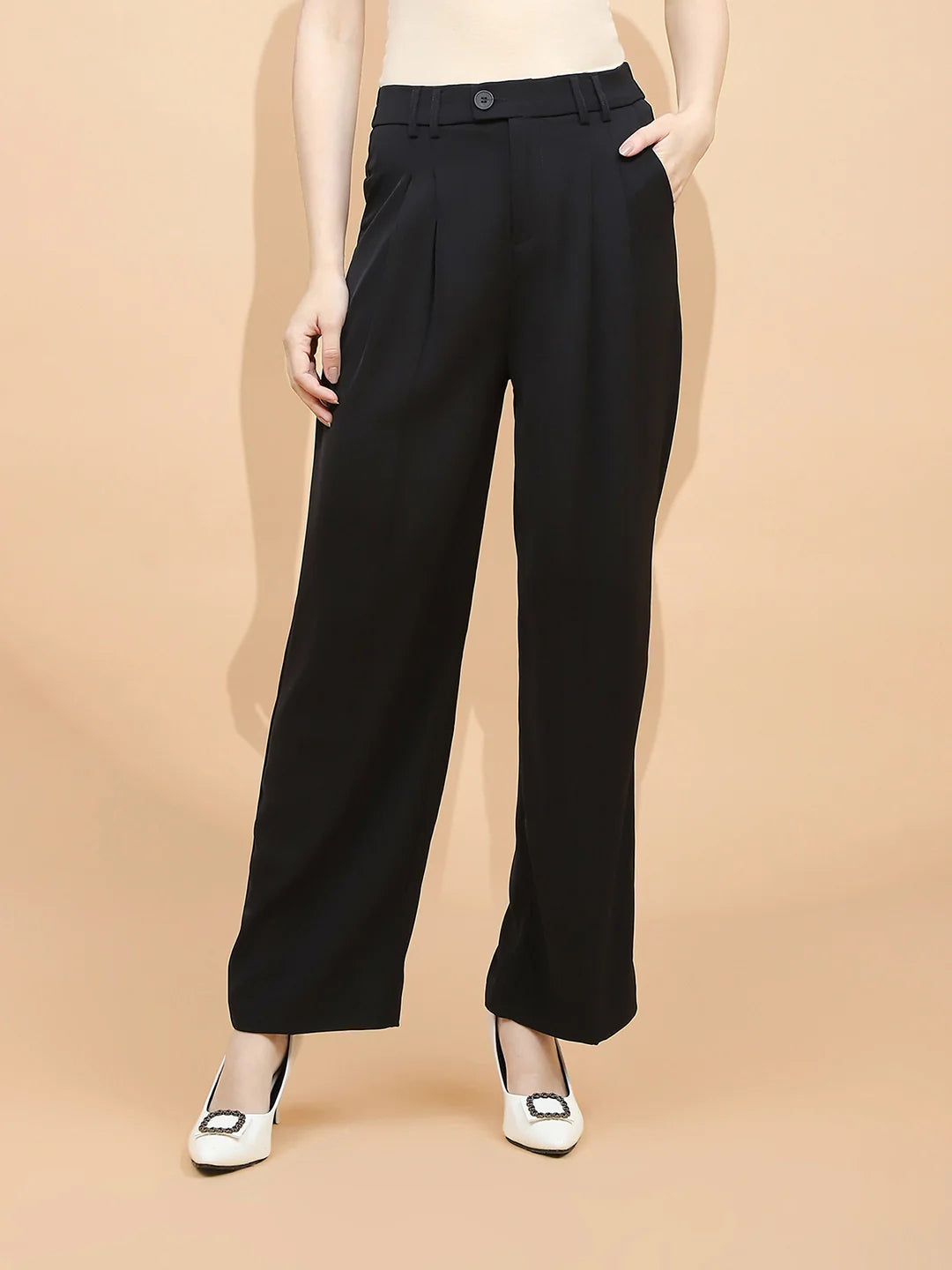 Black Polyester Blend Loose Fit Trouser For Women