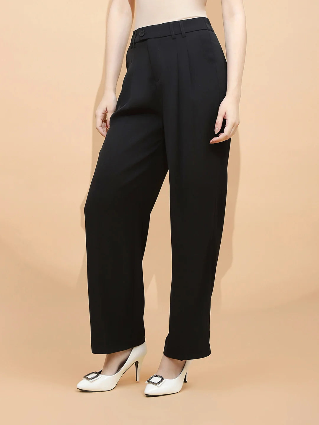 Black Polyester Blend Loose Fit Trouser For Women