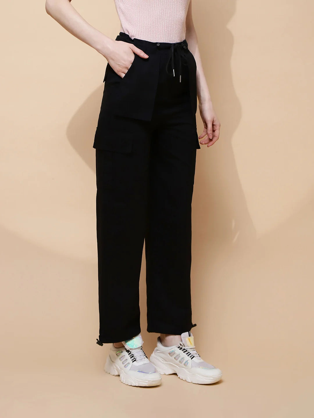 Black Cotton Relaxed Fit Cargo - Global Republic