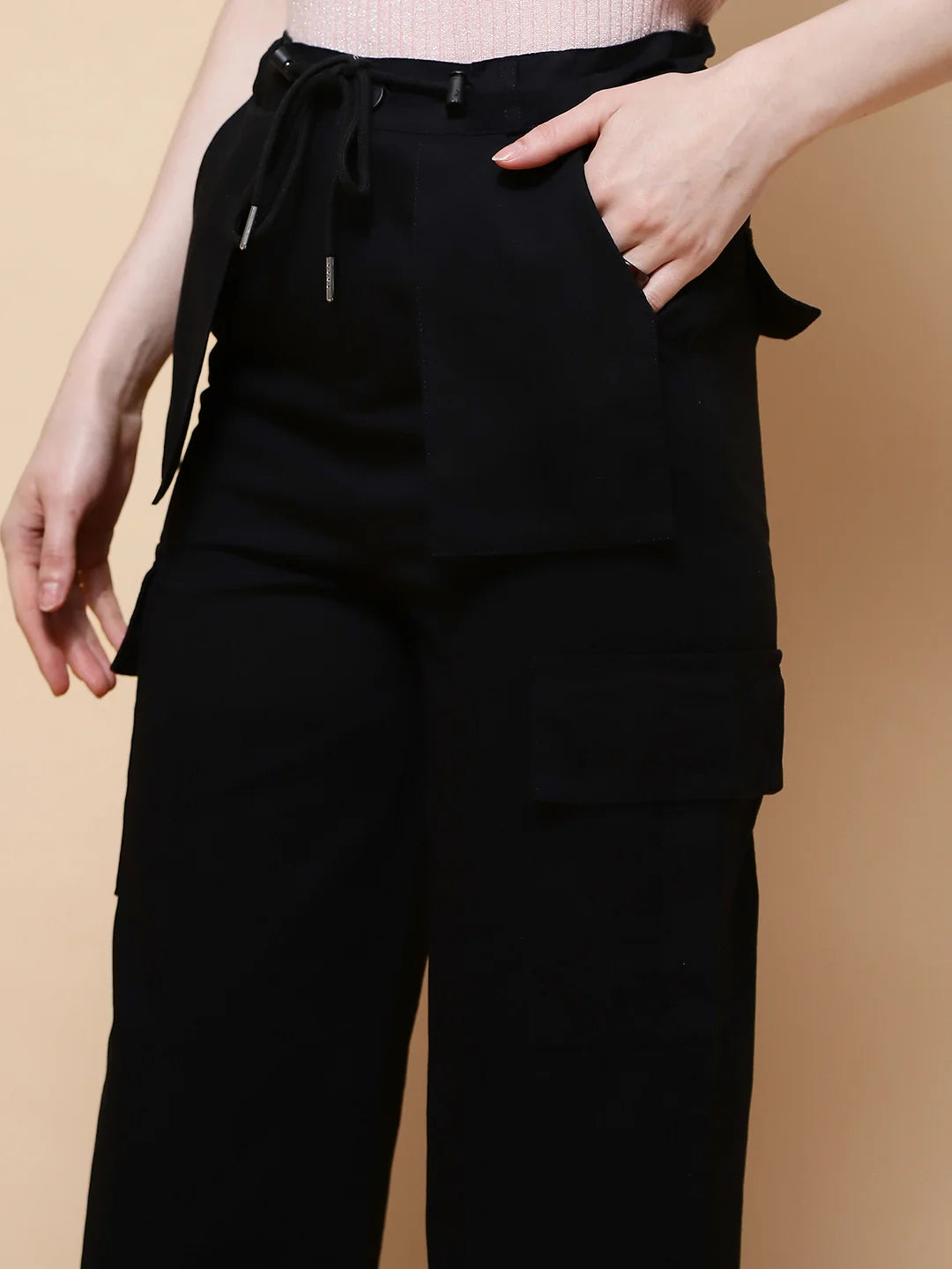 Black Cotton Relaxed Fit Cargo - Global Republic