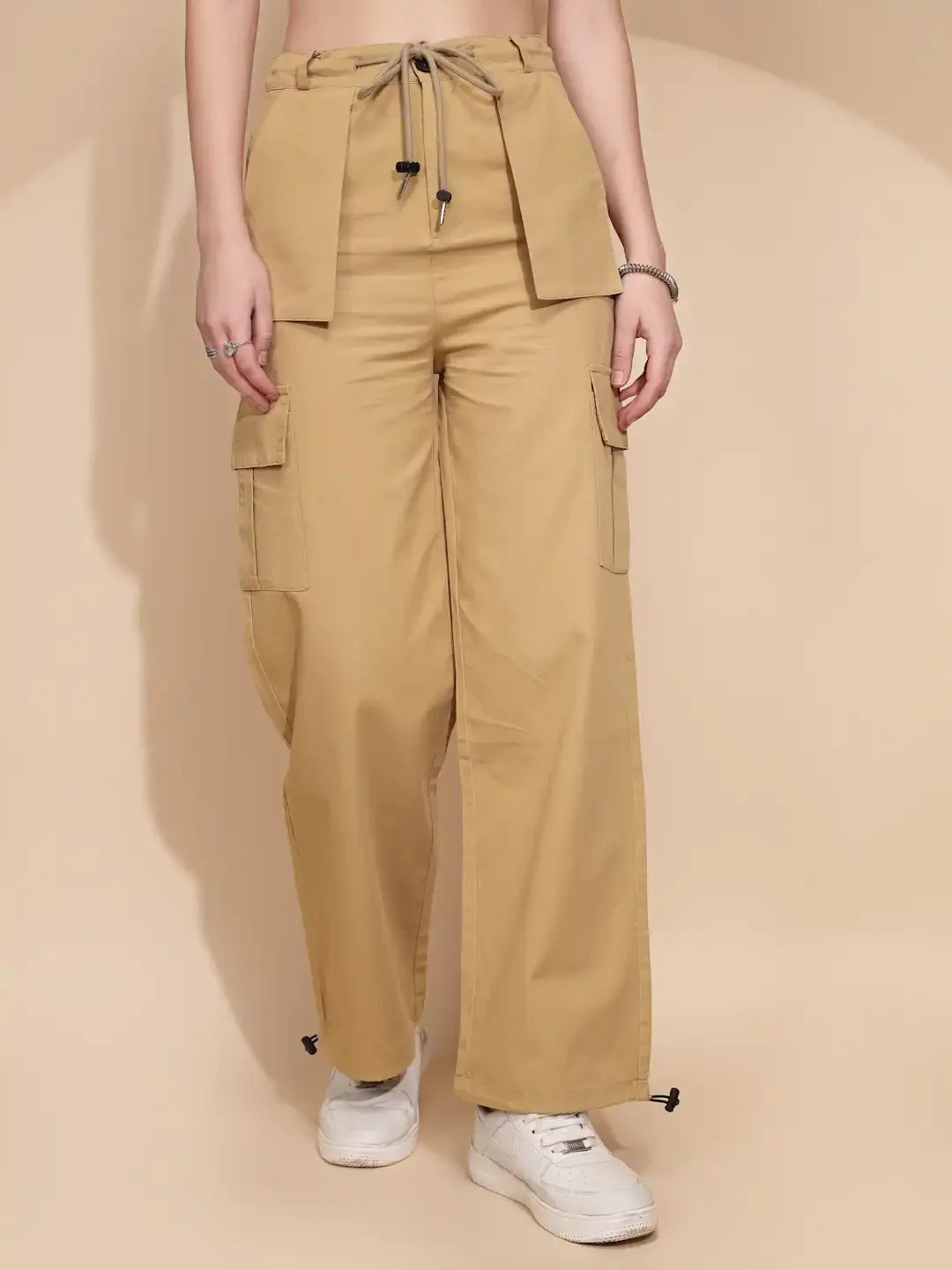 Khaki Cotton Relaxed Fit Cargo For Women - Global Republic