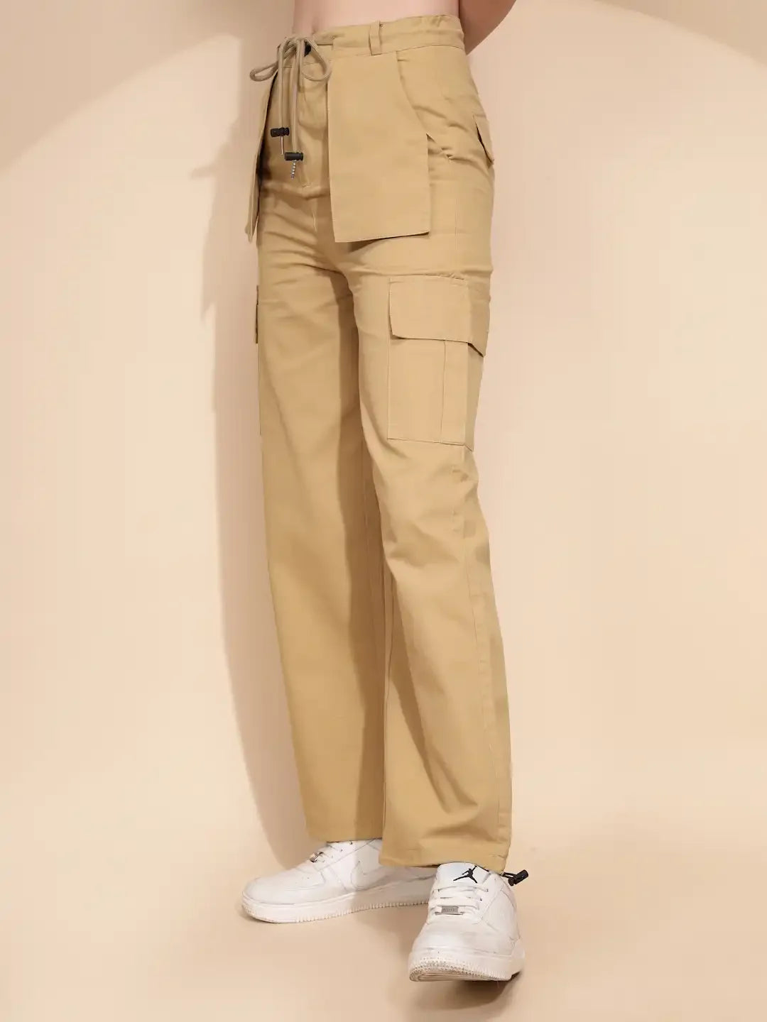 Khaki Cotton Relaxed Fit Cargo For Women - Global Republic