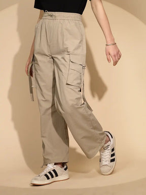 Beige Polyester Blend Loose Fit Jogger For Women