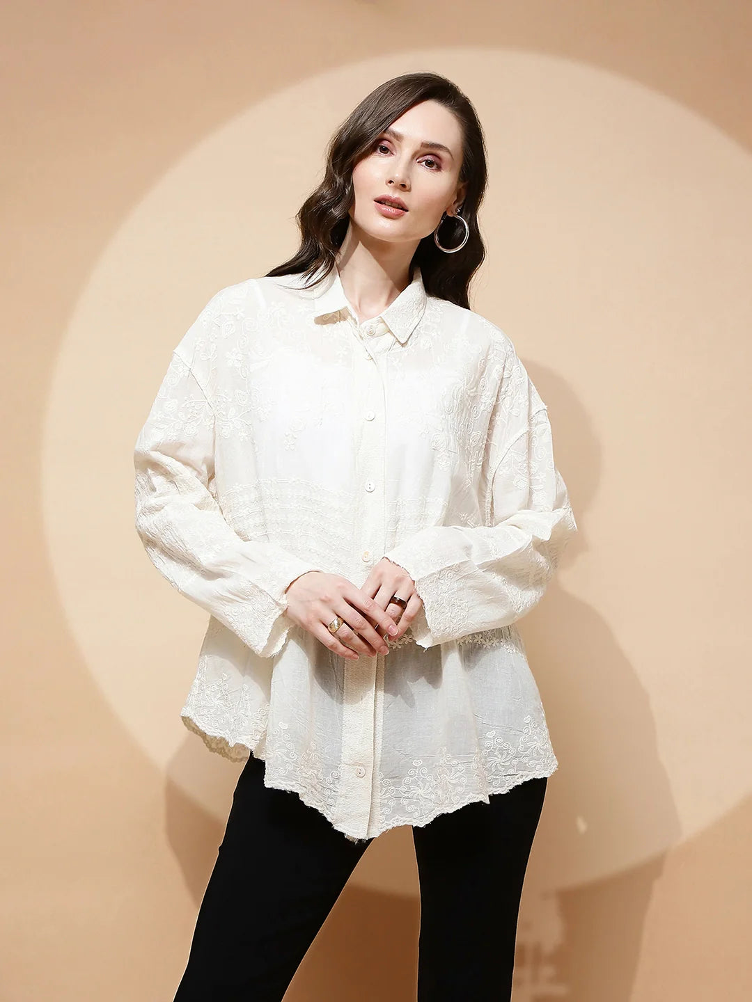 White Cotton Embroidered Loose Shirt - Global Republic