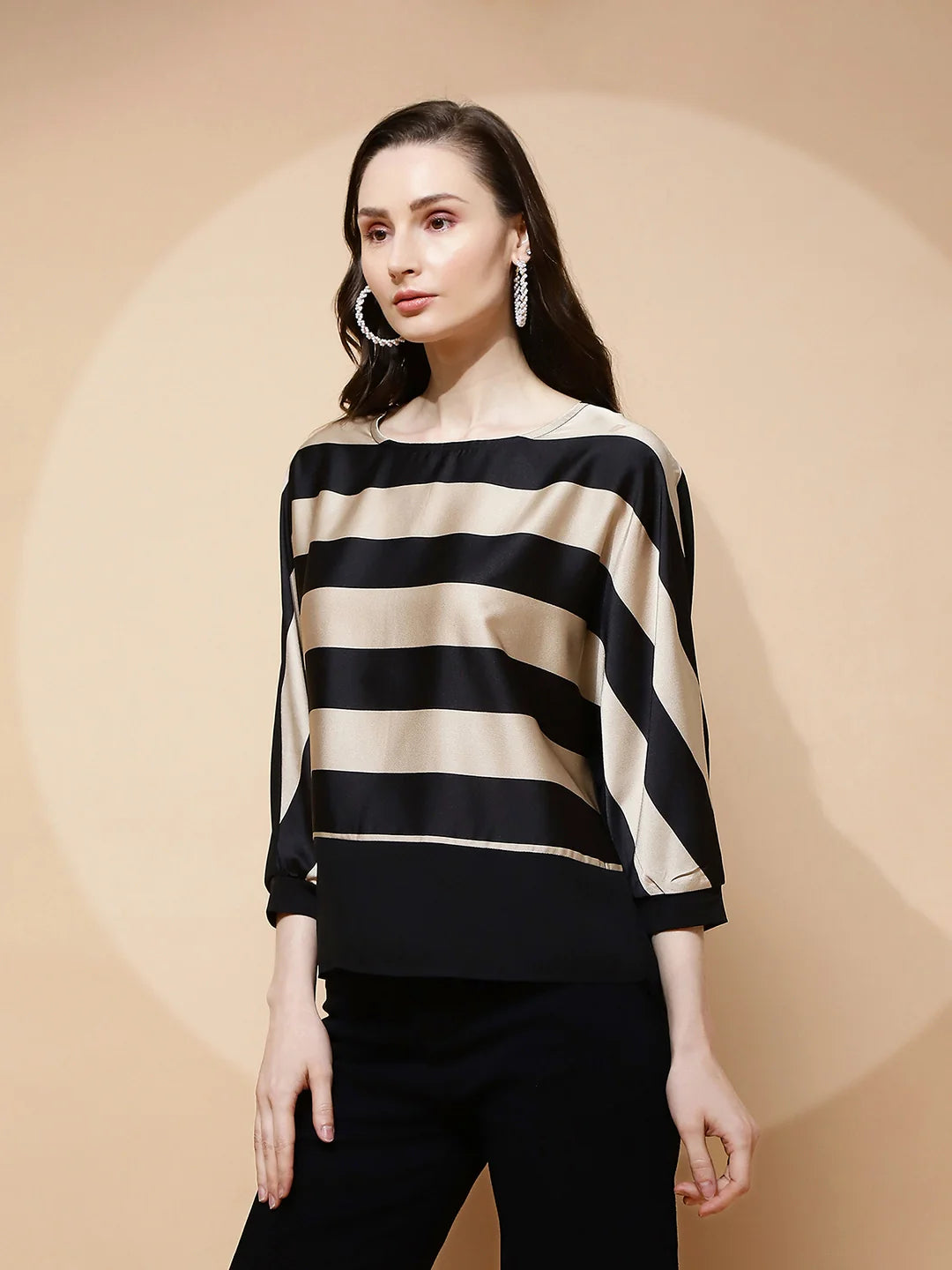 Beige and Black  Regular Fit Blouse For Women - Global Republic