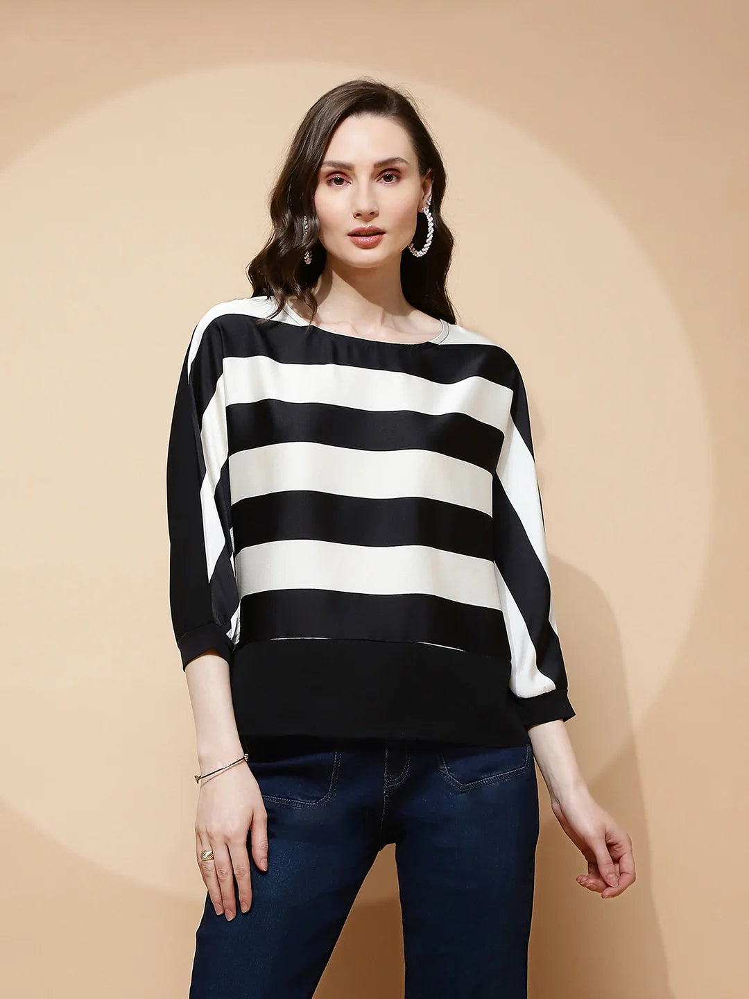 Monochrome Striped Poly Blend Top