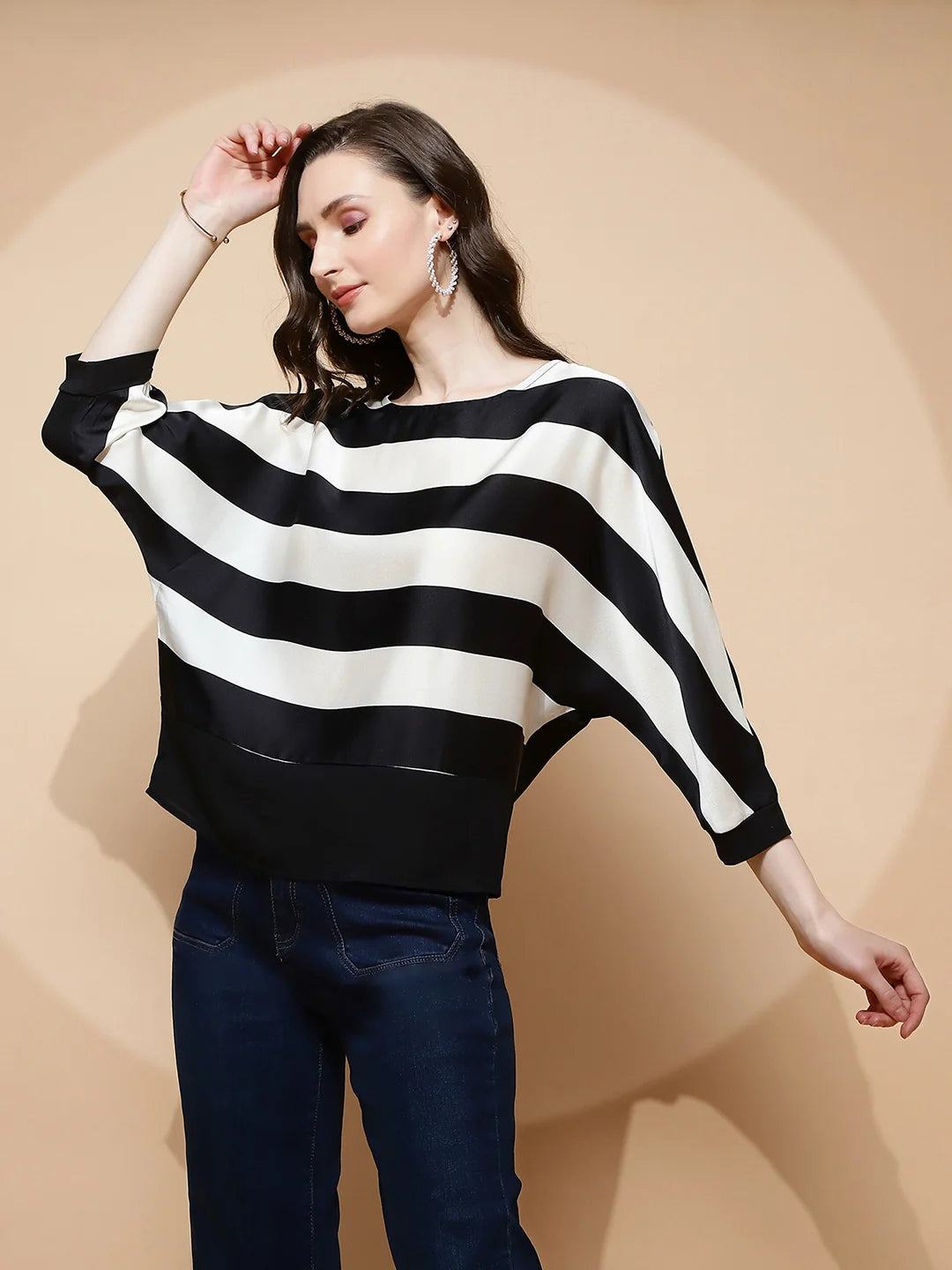 Black and White Polyester Blend Regular Fit Blouse For Women