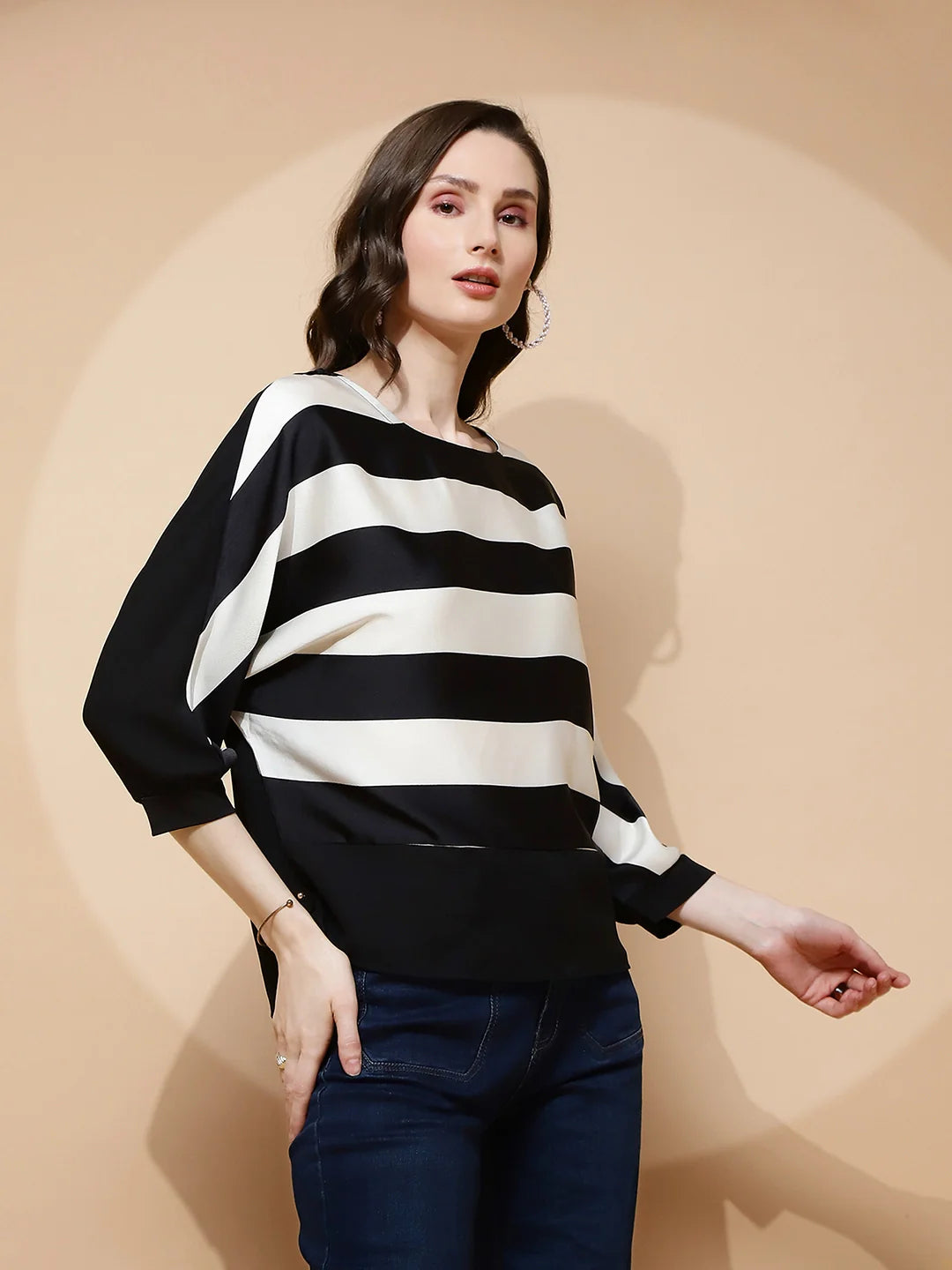 Monochrome Striped Poly Blend Top