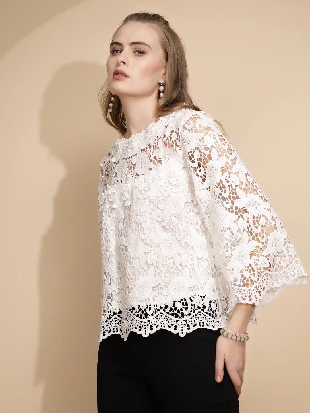 White Polyester Blend Loose Fit Blouse For Women