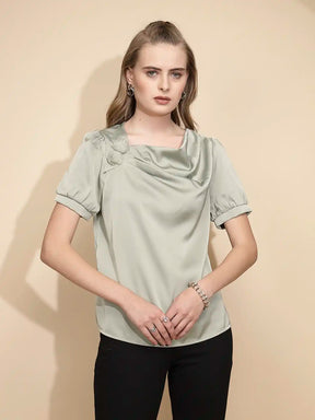Avocado Satin Cowl Neck Top