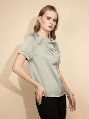 Avocado Satin Cowl Neck Top